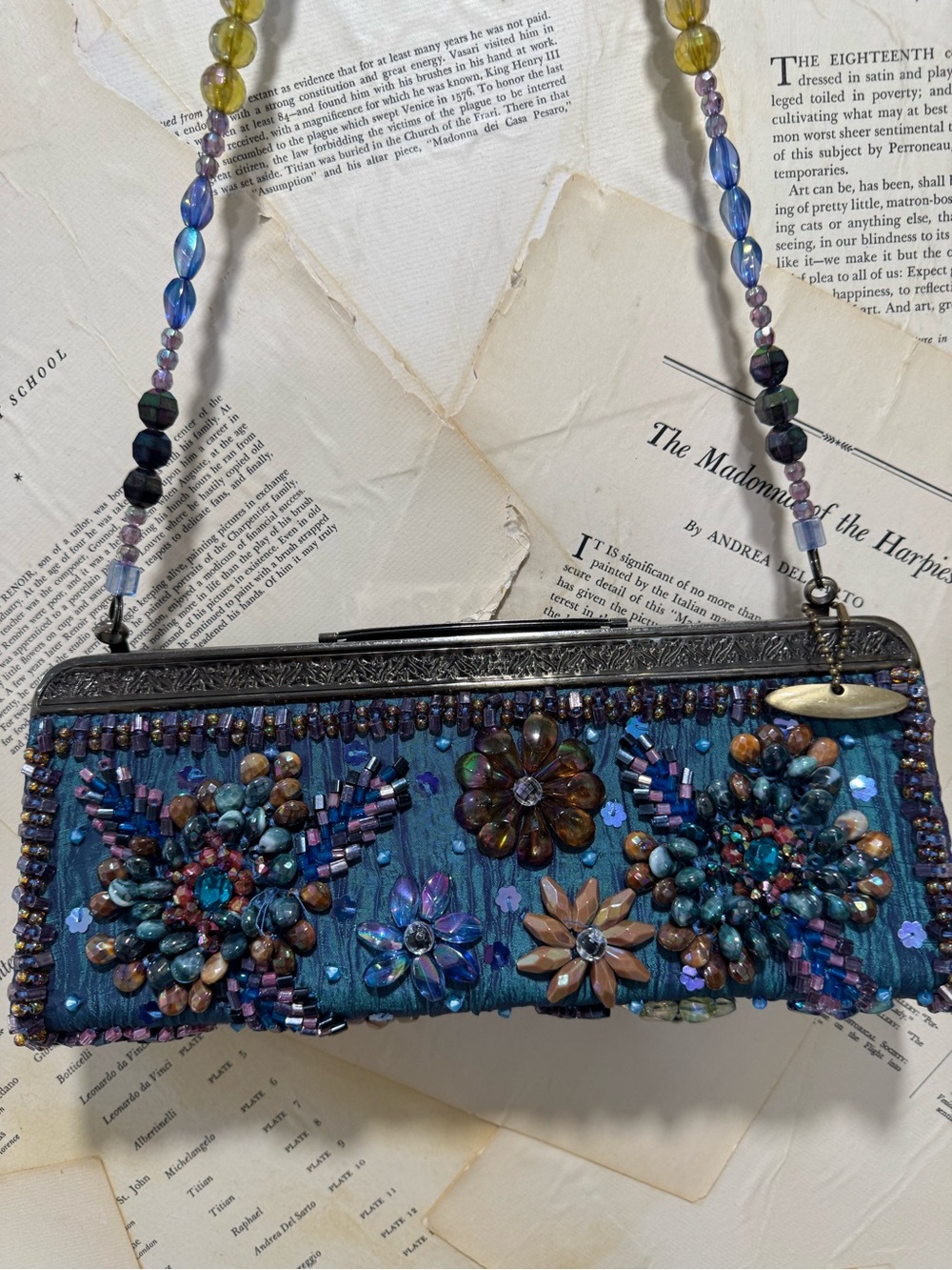 Vintage Mary Francis Evening Bag Beaded Strap Jewel Embellish Teal Y2K - Picture 2 of 8